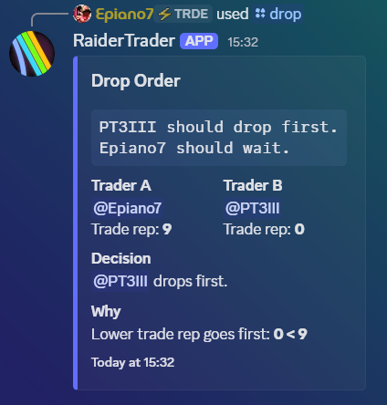 RaiderTrader drop order screenshot