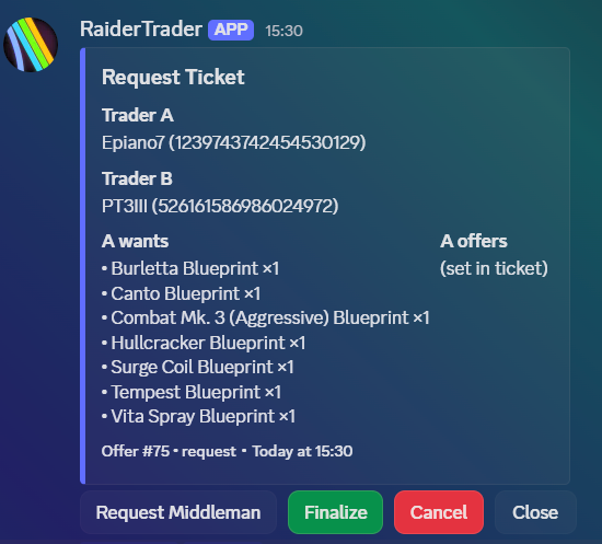 RaiderTrader trade ticket screenshot